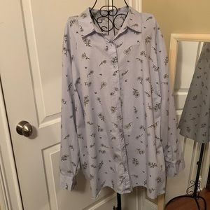 EUC Woman Within blue w/white daisies button down cotton blouse size 3x(30/32)